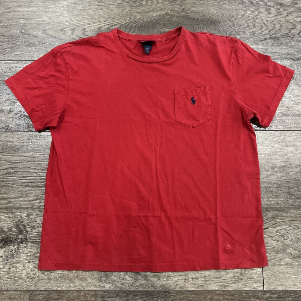 Vintage 90s Polo Ralph Lauren Red Pocket T-Shirt Blue Pony Single Stitch Mens XL